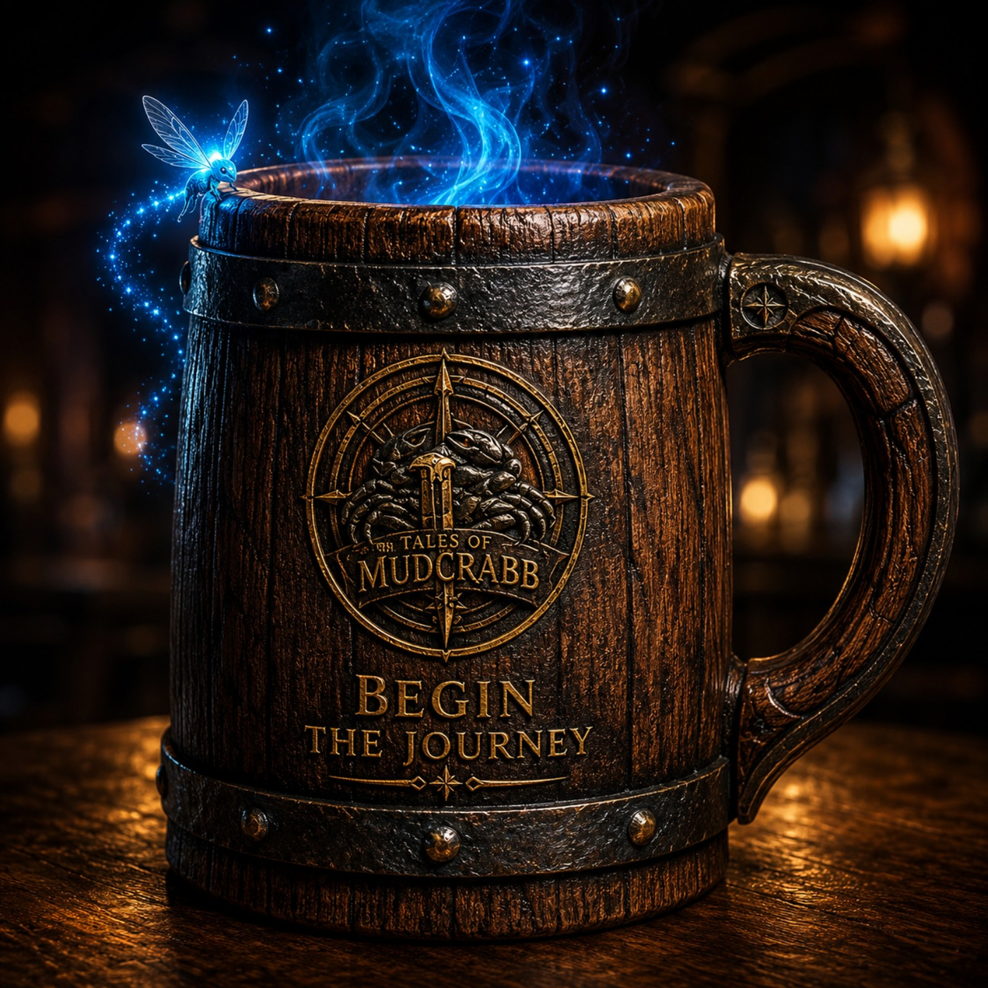 A glowing MudCrabb mug